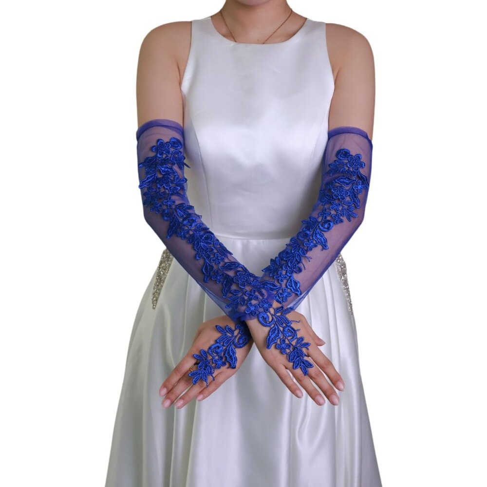 Women's A-Lace Fingerless A-Blue Elbow Length Tulle Gloves Wedding Party Prom
